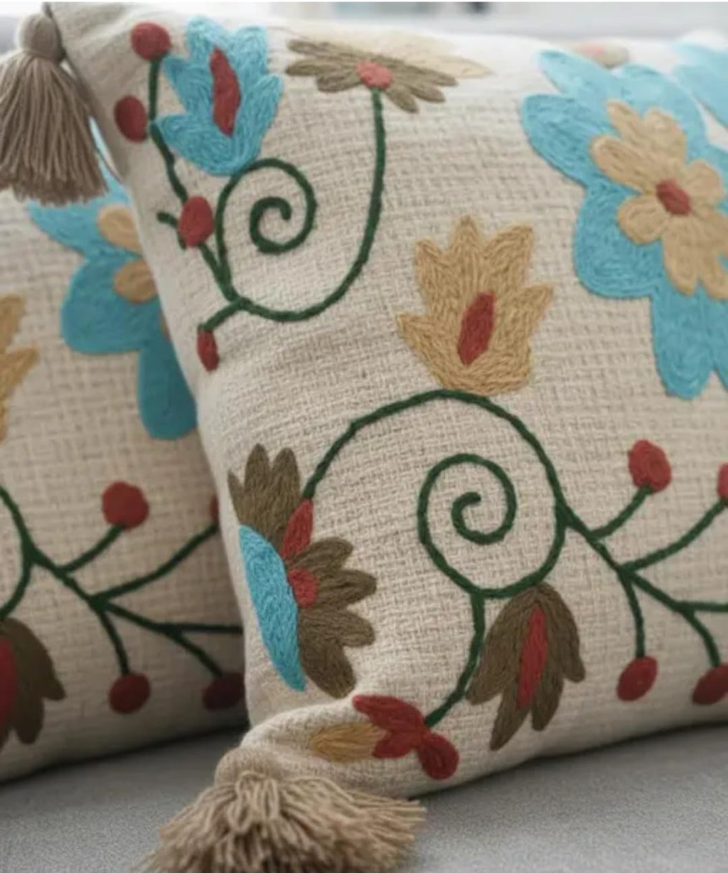 Handcrafted Embroidered Throw Pillow Cover with Tassels, Boho Style, Blue & Multicolor, Cotton