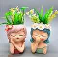 Decorative Succulent Planter Pots, Resin Plant Holders with Artificial Flowers, Pink and Green, Set of 2, Indoor Garden Decor