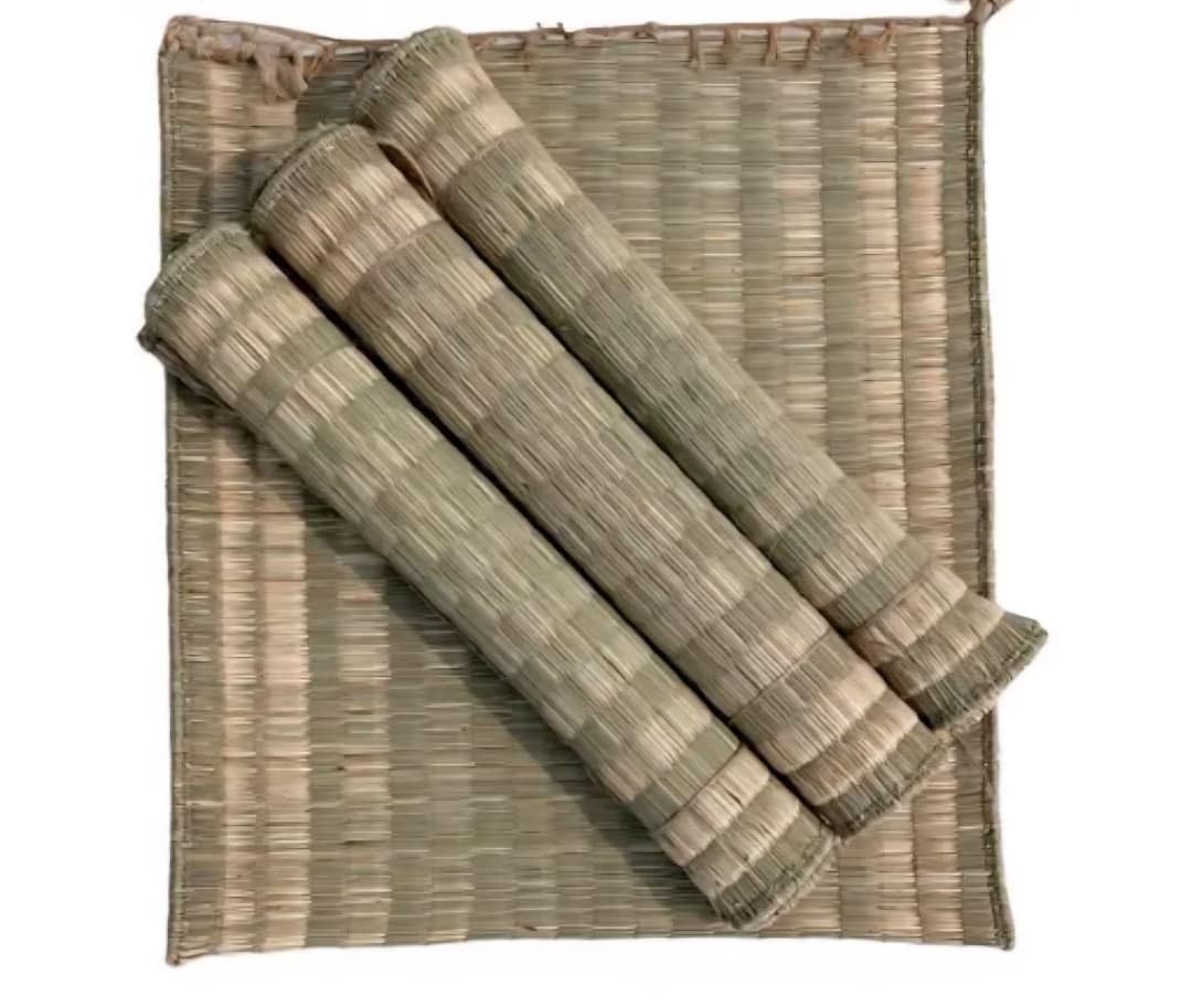 Natural Woven Bamboo Mat, Square, Striped Pattern, Handcrafted Reed Placemat
