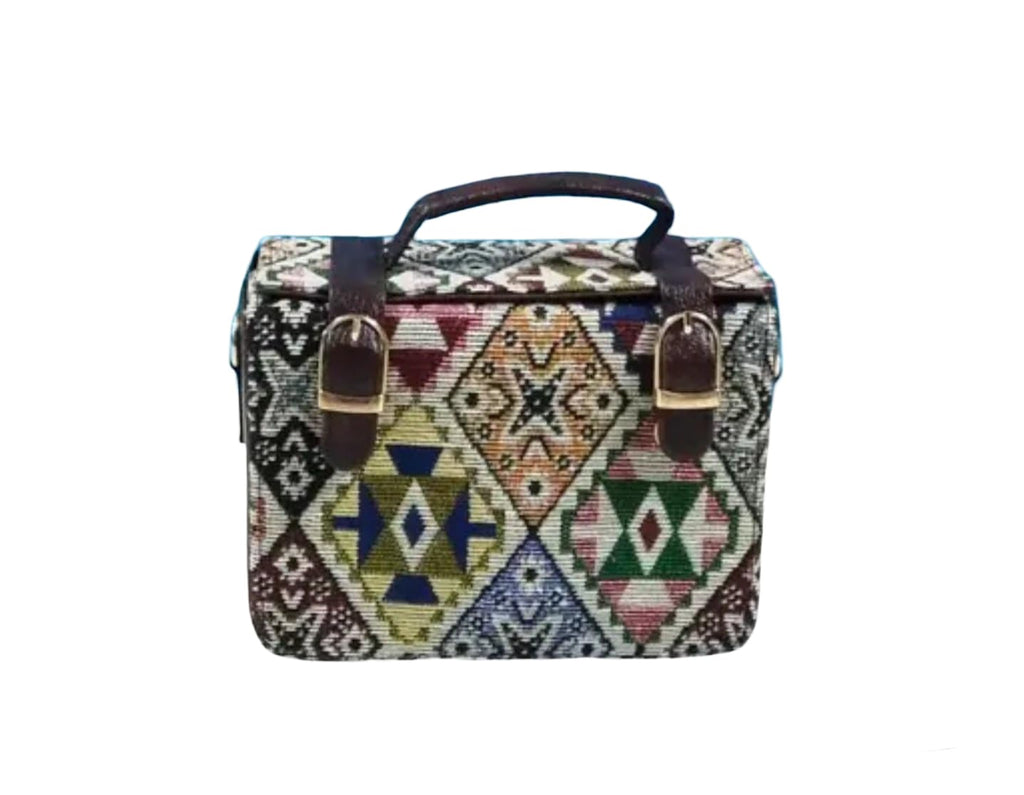 Geometric Pattern Crossbody Handbag with Leather Handles, Aztec Print, Chain Strap, Multicolour, ethnic Handbag