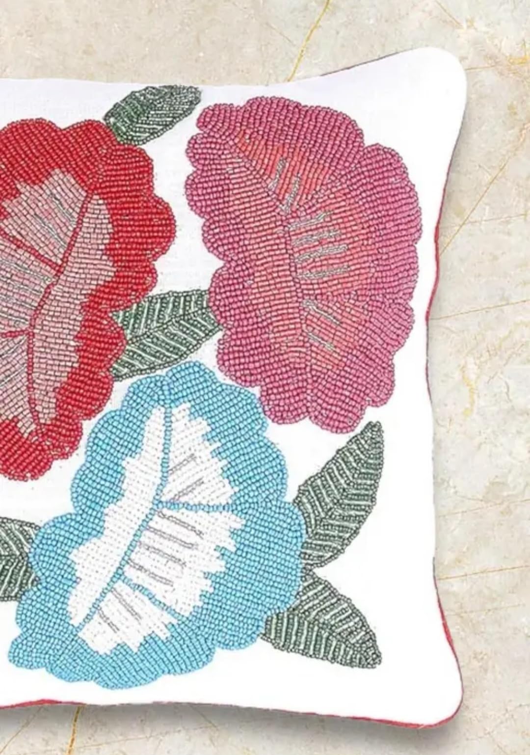 Beaded Handcrafted Floral Throw Pillow Cover, White with Pink, Red, and Blue Flowers, Decorative Cushion Cover