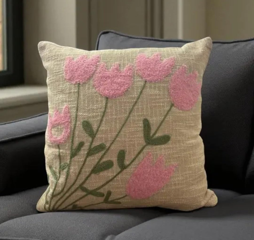 Decorative Throw Pillow Cover, Pink Floral Embroidered Design, Beige Linen, Square Cushion Case