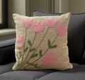 Decorative Throw Pillow Cover, Pink Floral Embroidered Design, Beige Linen, Square Cushion Case