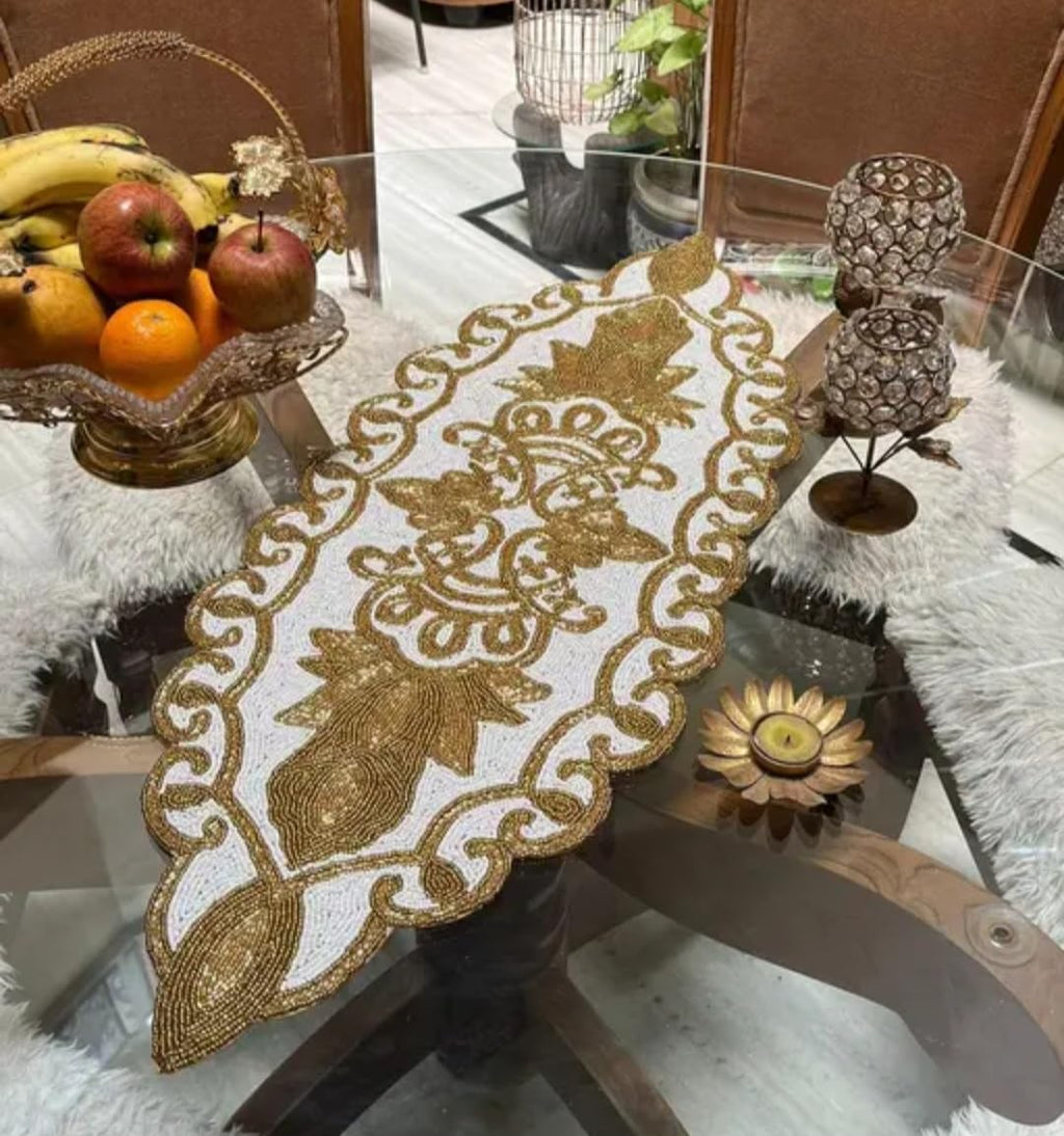 Beaded Table Runner, White and Gold, Floral Scroll Design, Handcrafted, Luxury Dining Decor
