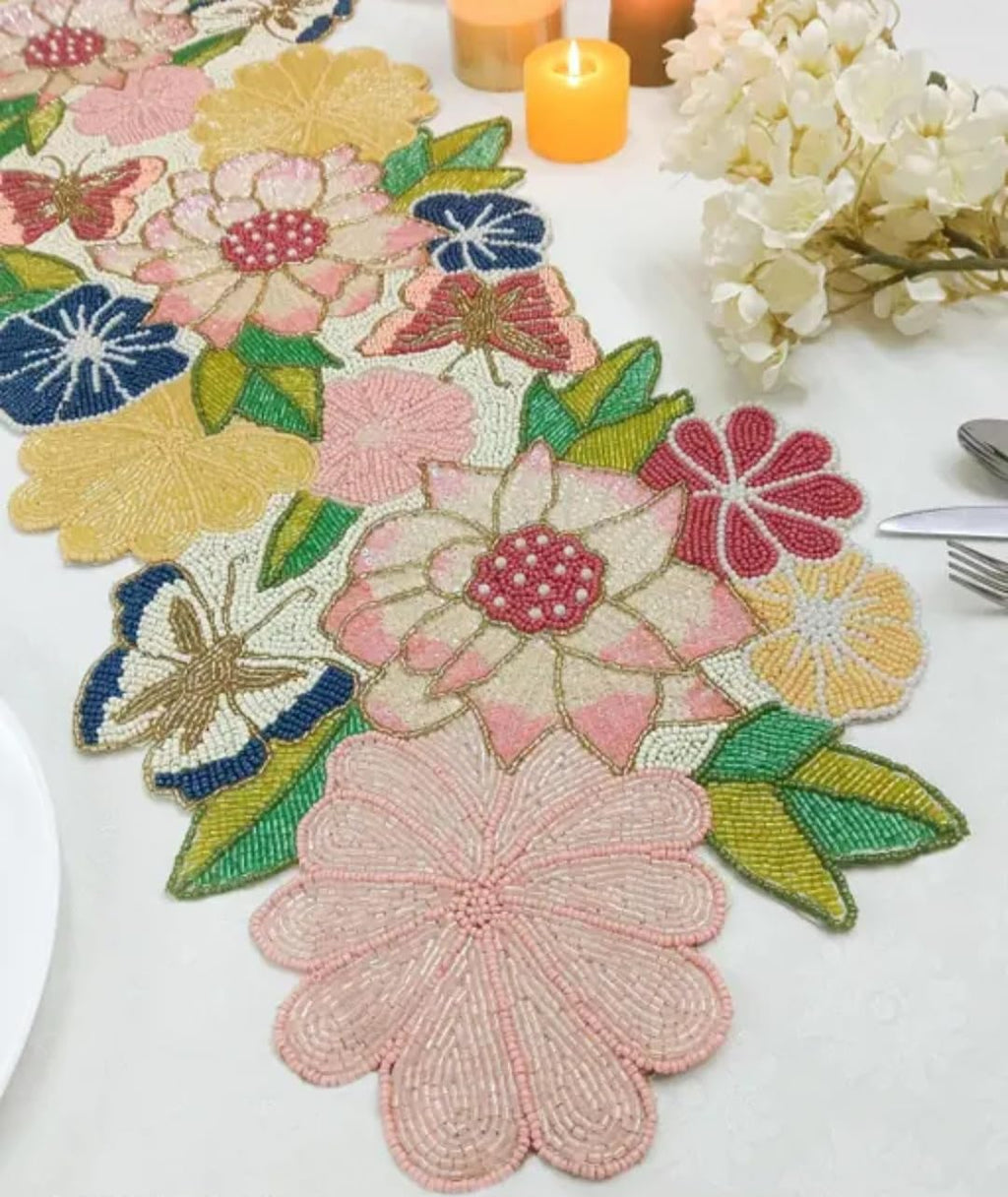 Beaded Floral Table Runner, Multicolor, Embroidered Design, Pink Yellow Blue Green, Spring Garden Theme