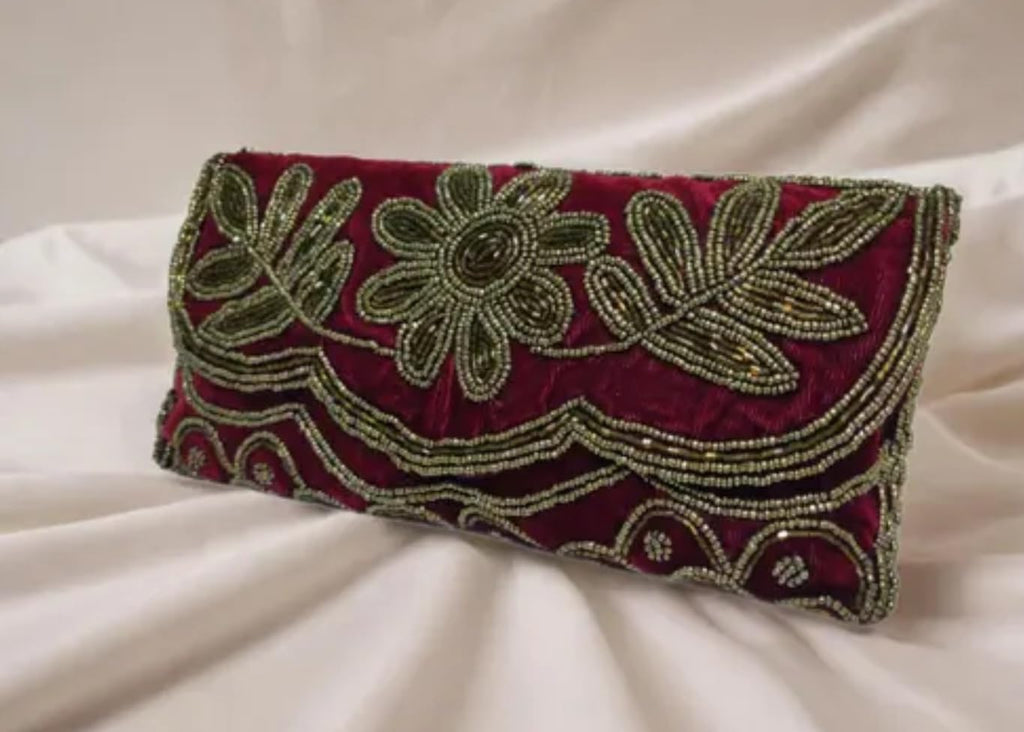 Beaded Evening Clutch Purse, Burgundy Velvet with Silver Floral Design, Detachable Chain Strap