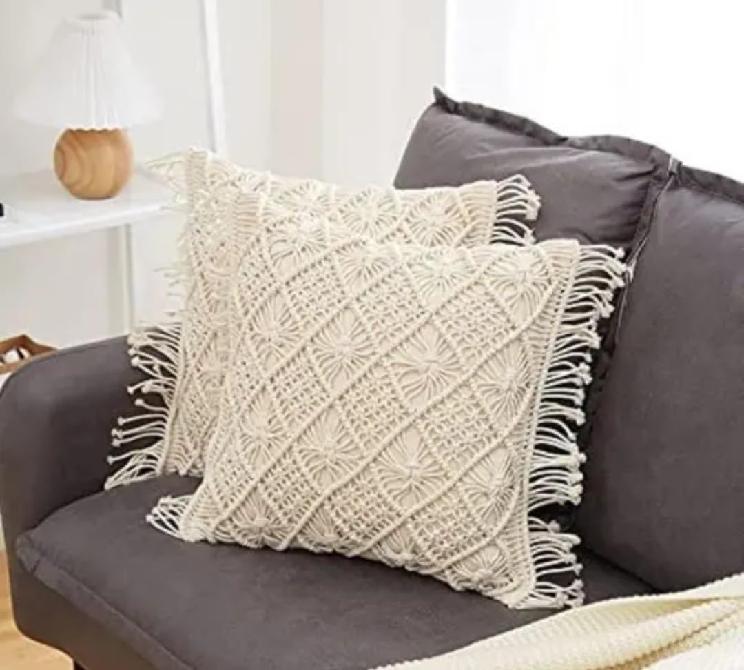 Macrame Throw Pillow Covers, Boho Cream Cotton Woven with Fringe Tassels