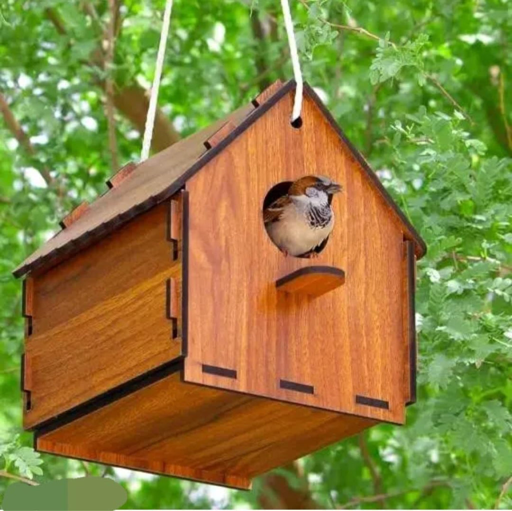 Wooden Hanging Birdhouse, Natural Brown, Handcrafted Wood, Outdoor Garden Bird Nest Box with Entry Hole