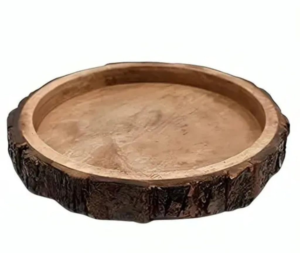 Rustic Natural Wood Serving Tray, Round Tree Bark Edge Display Plate, Brown, Decorative Bowl for Centerpiece