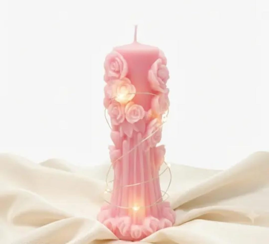 Decorative Pillar Candle, Pink, Rose Floral Design, Elegant Home Decor