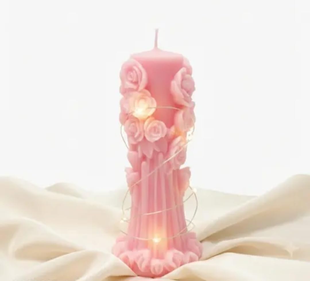 Decorative Pillar Candle, Pink, Rose Floral Design, Elegant Home Decor