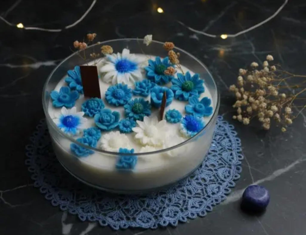 Decorative Soy Wax Candle, Blue and White Floral Design, Glass Bowl with Lace Doily