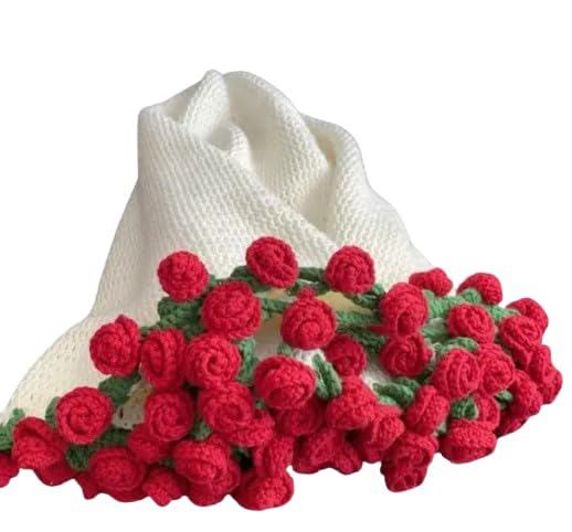 Handmade Crochet Scarf cum Bouquet with Red Rose Floral Border, White, Knit Style, Boho Wrap