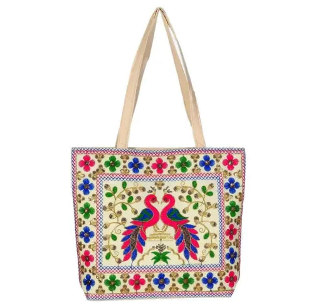 Decorative Canvas Tote Bag with Floral and Bird Embroidery, Beige with Pink and Blue Pattern, eco-friendly