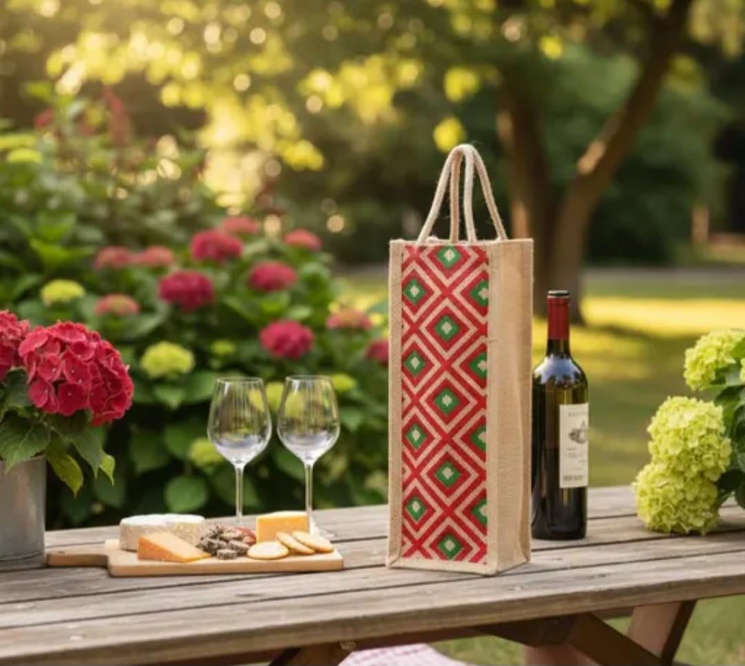 Jute Wine Bottle Tote Bag, Red and Green Diamond Pattern, Natural Burlap, Single Bottle Carrier