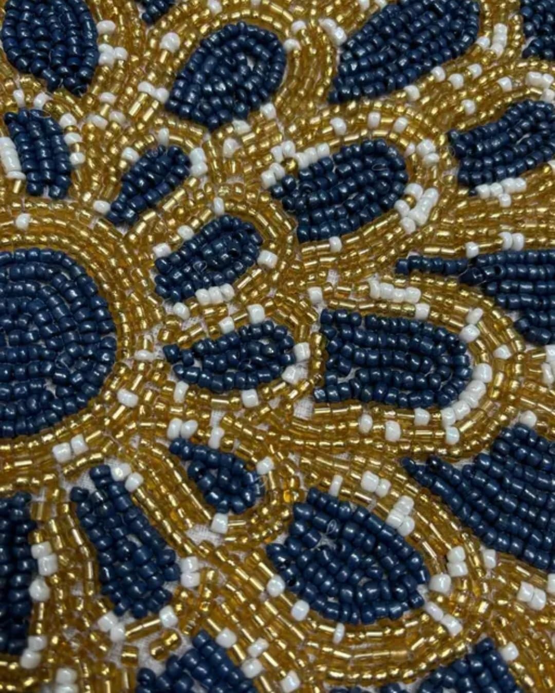 Handcrafted Beaded Placemat, Round Floral Design, Navy Blue and Gold, Table Decor
