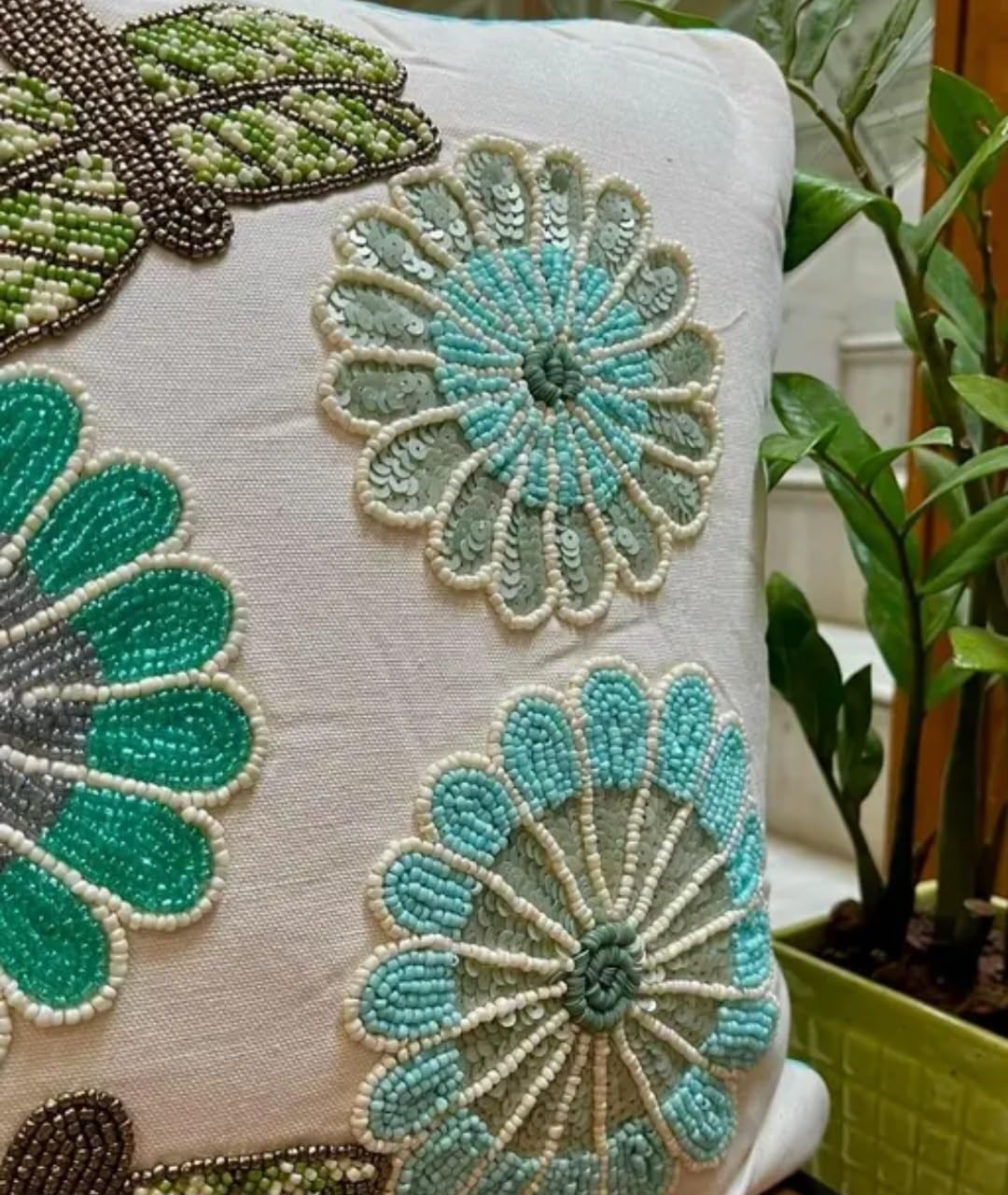 Beaded Floral Throw Pillow Cover, White, Teal and Green Flower Embroidery, Decorative Cushion Cover