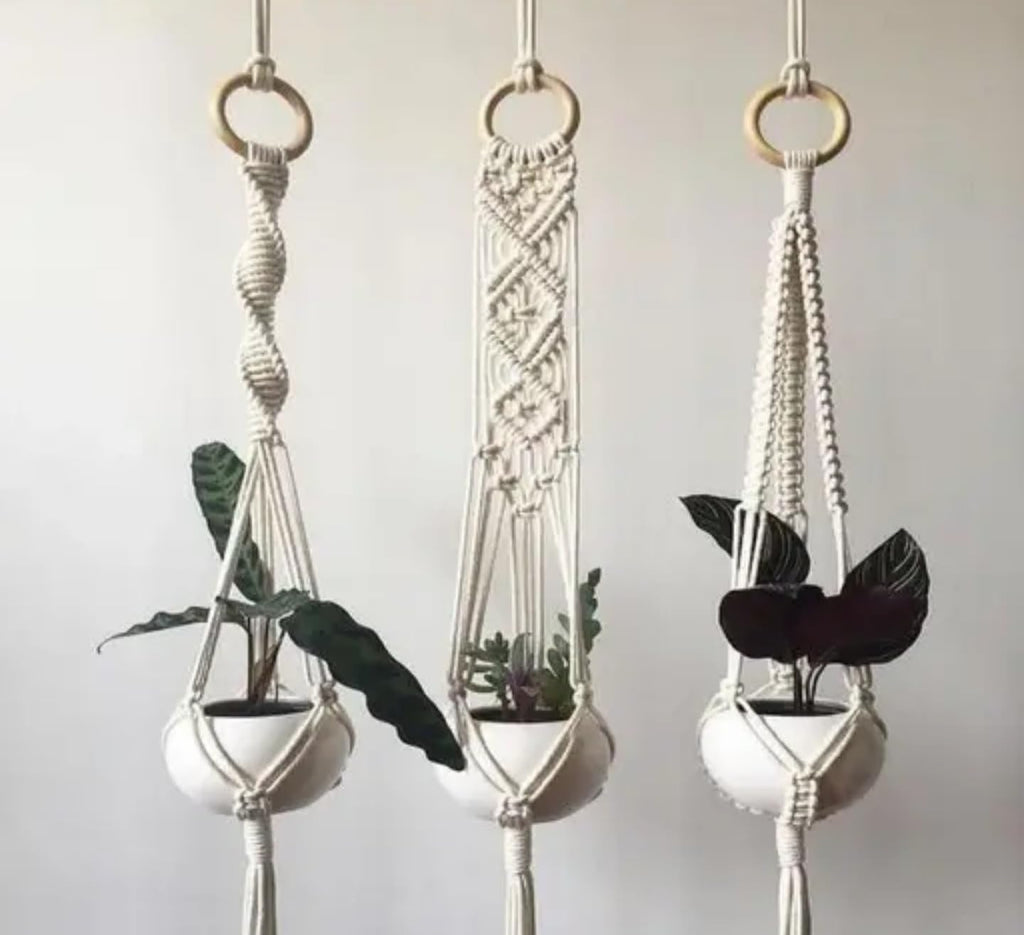 Macrame Plant Hangers Set of 3, Handcrafted Cotton Rope, White Ceramic Pots, Decorative Wall Hanging