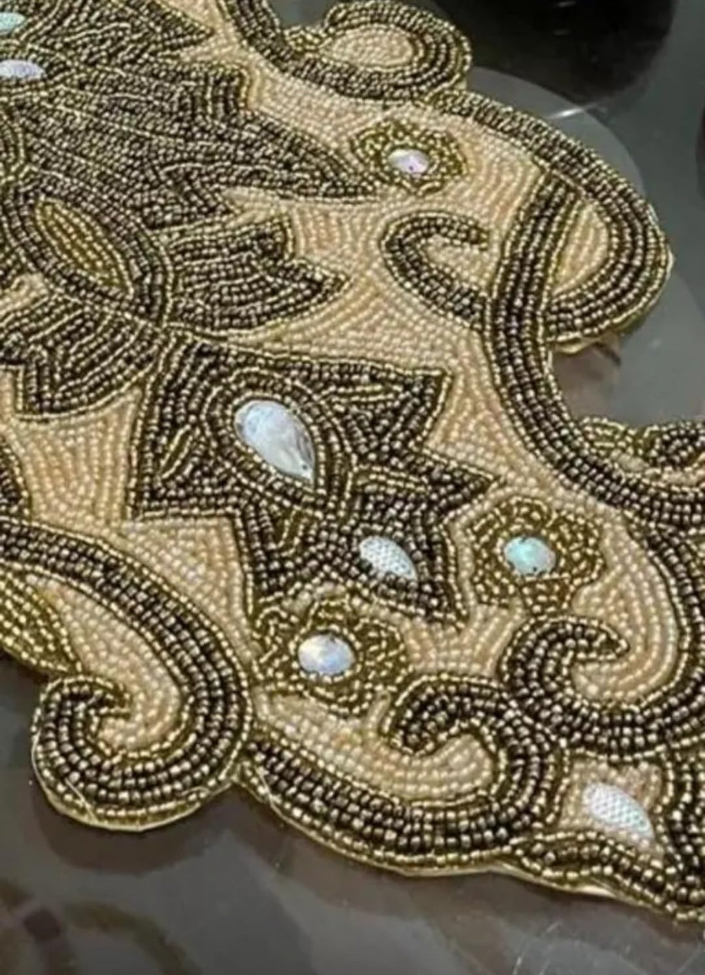 Beaded Table Runner, Gold, Ornate Scrollwork Design with Iridescent Gem Accents, Luxury Home Decor
