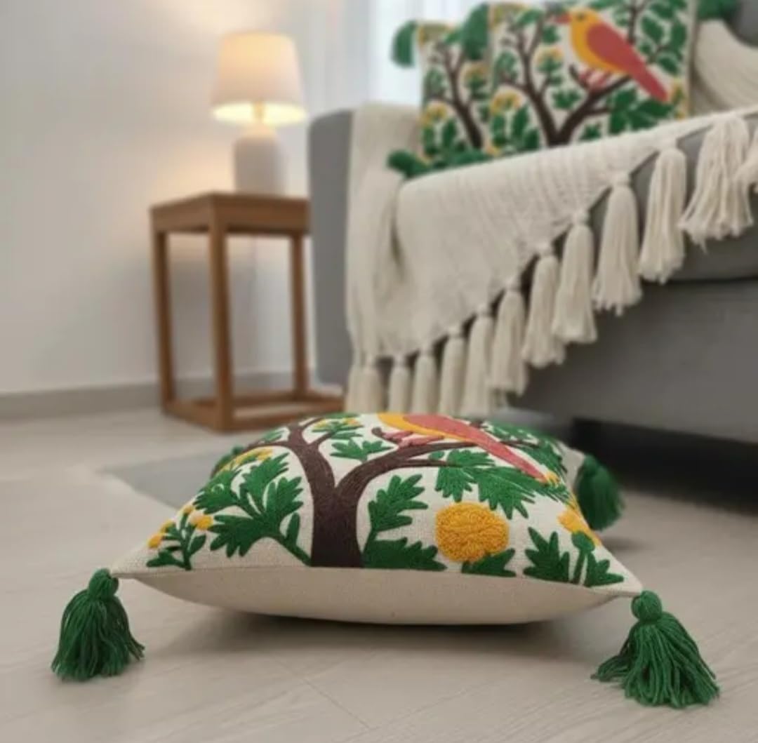 Hand Embroidered Bird on Tree Throw Pillow Cover, Boho Style with Green Tassels, Colorful Floral Cushion Cover