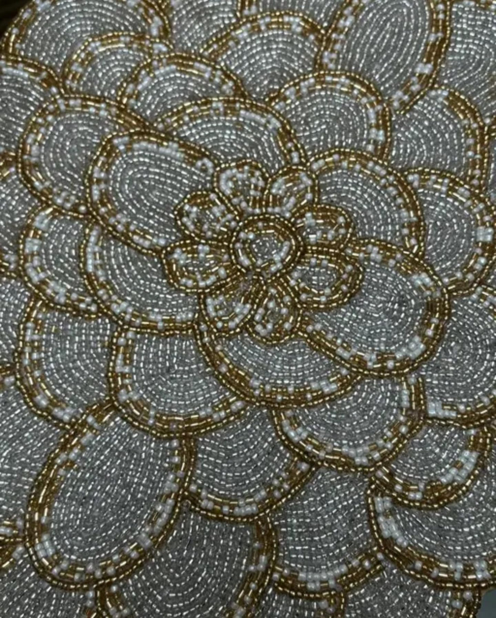 Beaded Handcrafted Placemat, Gold and Silver, Scalloped Edge Design, Decorative Table Setting