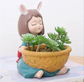 Cute Bunny Succulent Planter, Decorative Resin Plant Pot with Woven Basket Design, Turquoise and Tan, Indoor Garden Decor