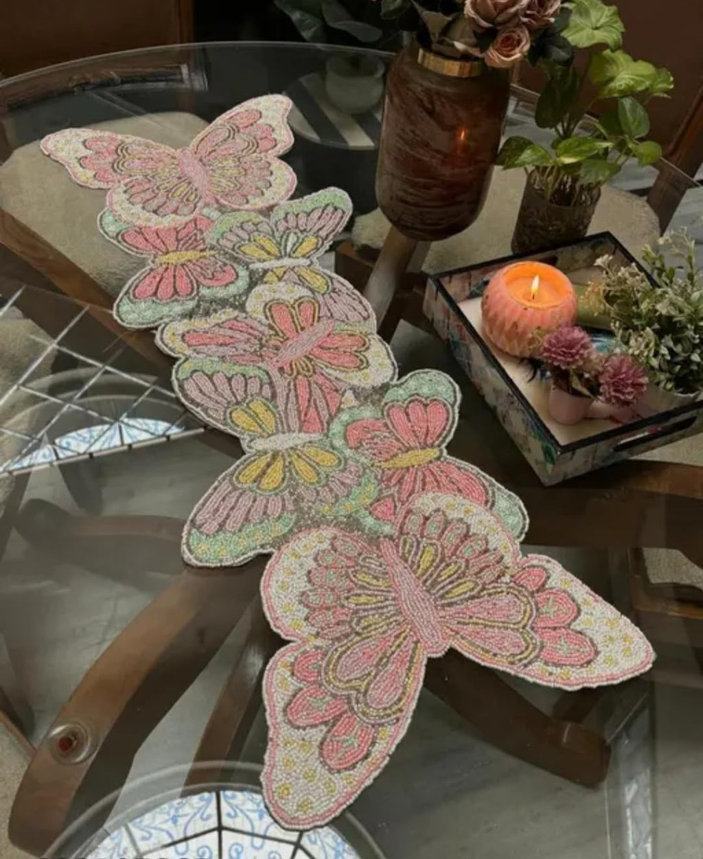 Butterfly Table Runner, Beaded Embroidered Design, Pink and Green, Dining Table Decor