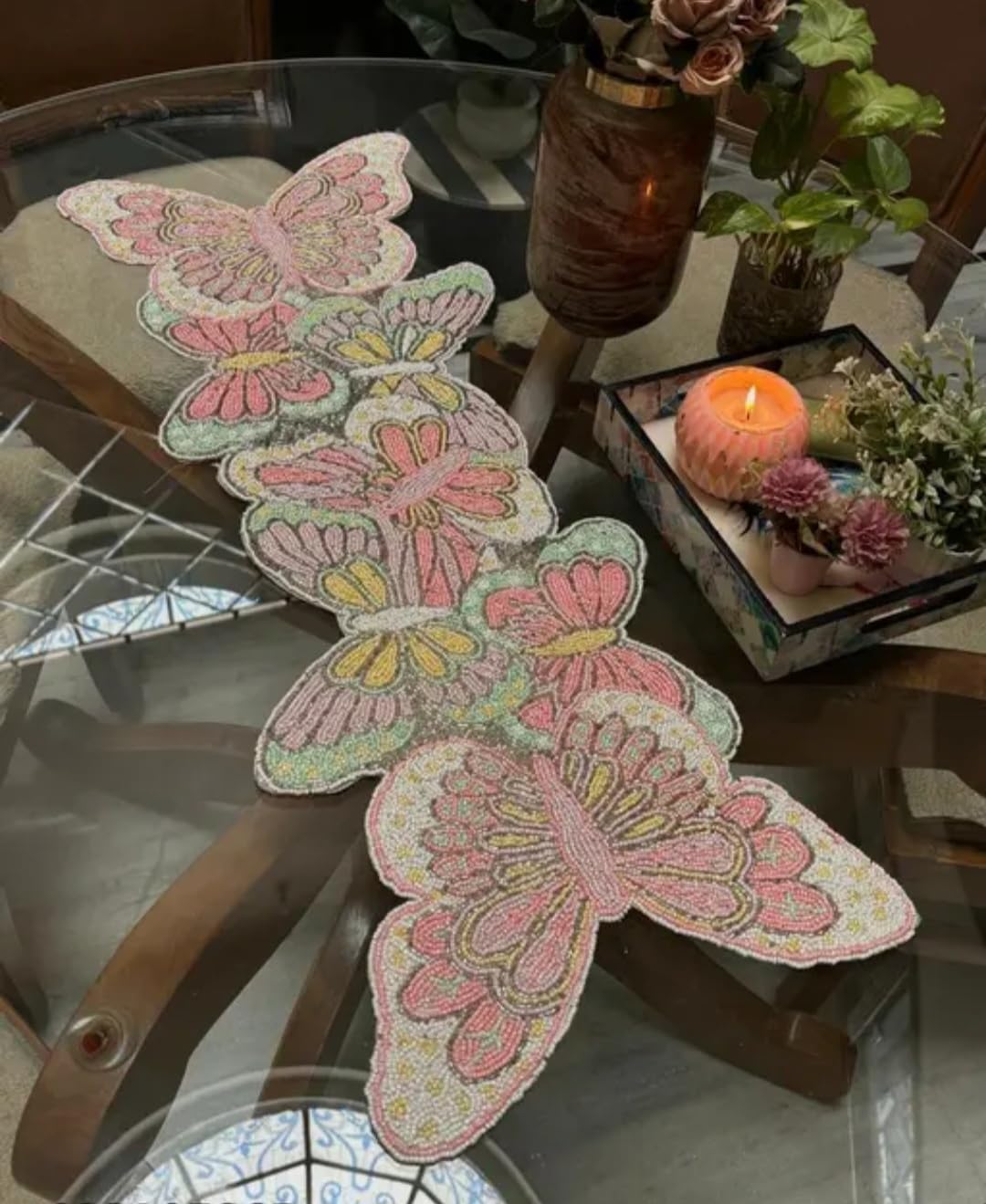 Butterfly Table Runner, Beaded Embroidered Design, Pink and Green, Dining Table Decor