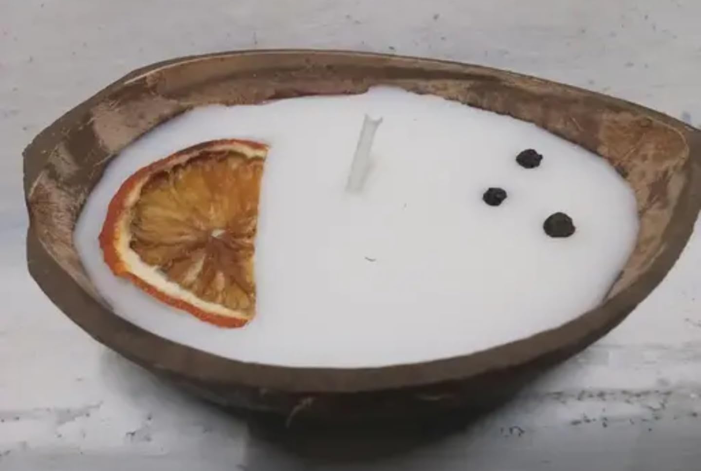 Handmade Coconut Shell Bowl candle, White Interior with Orange Fruit Design, Natural Wooden Edge, Decorative Serving Dish