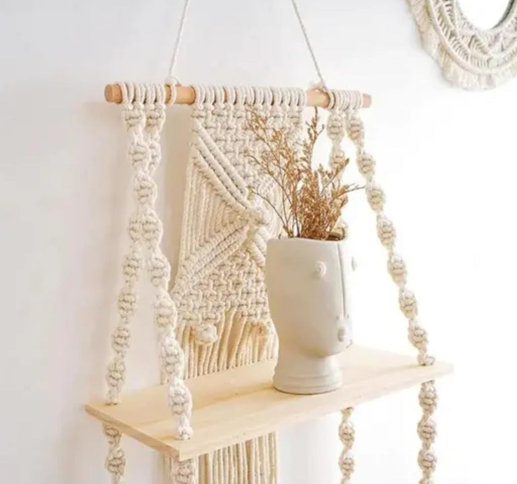 Macrame Wall Hanging with Floating Shelves, Boho Wall Decor with 2 Wood Shelves, Handwoven Cotton Rope, White