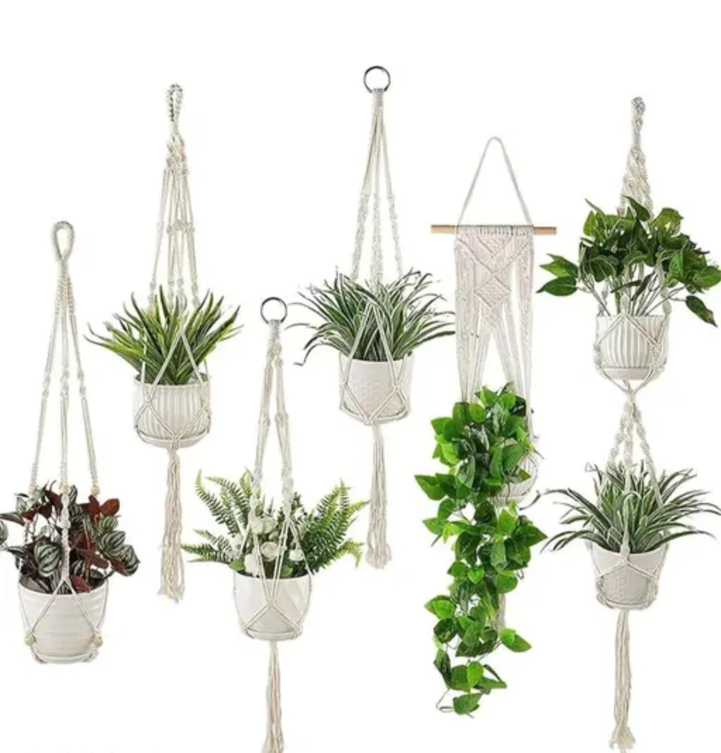 Macrame Plant Hangers Set, 6 Different Styles, Indoor Hanging Planters with White Cotton Rope for Home Decor