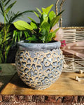 Decorative Ceramic Planter Pot with Lattice Pattern, Gray and Beige, Round Garden Container for Indoor Plants