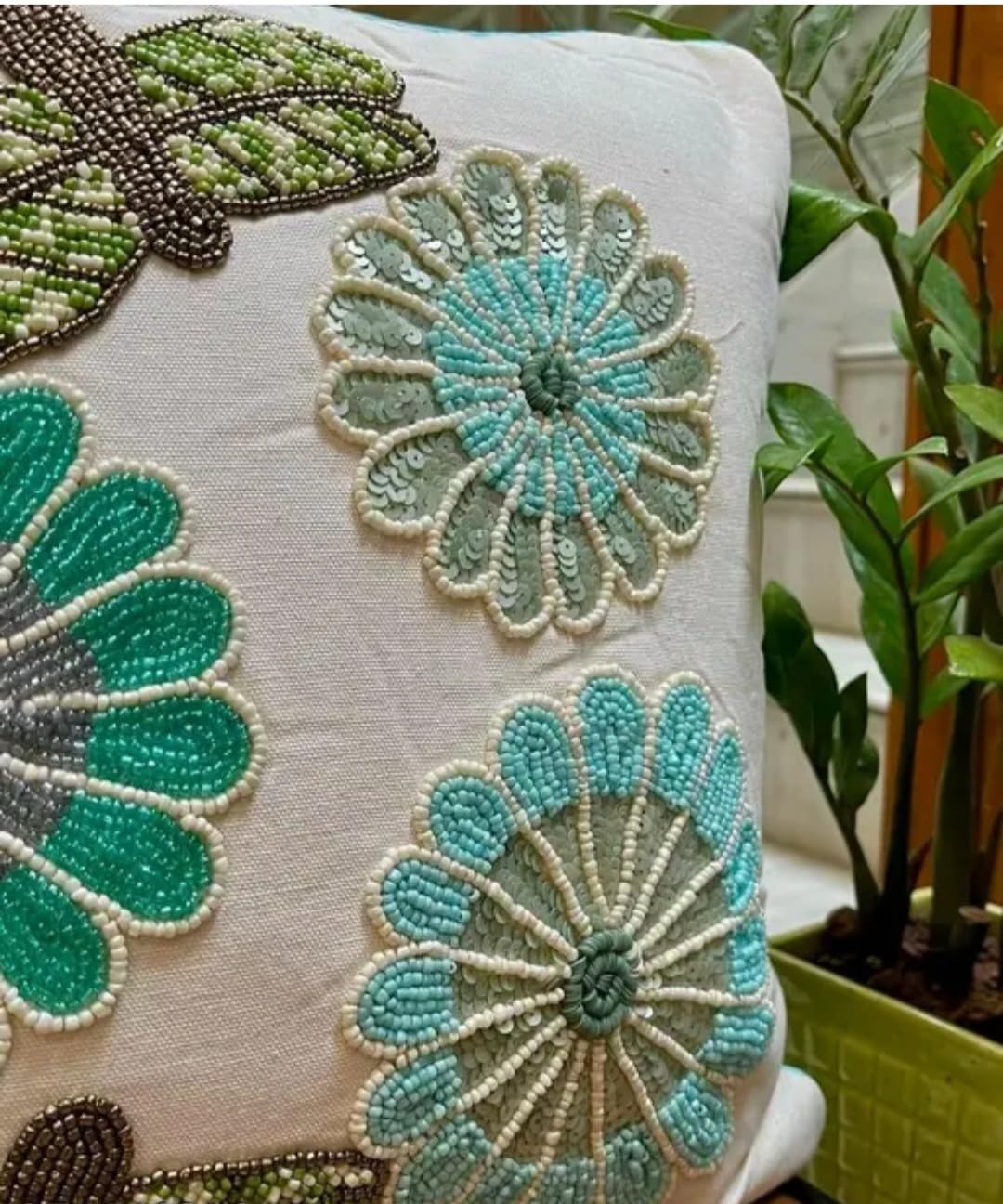 Beaded Floral Throw Pillow Cover, White, Teal and Green, Sequin Embroidered Flowers and Dragonflies