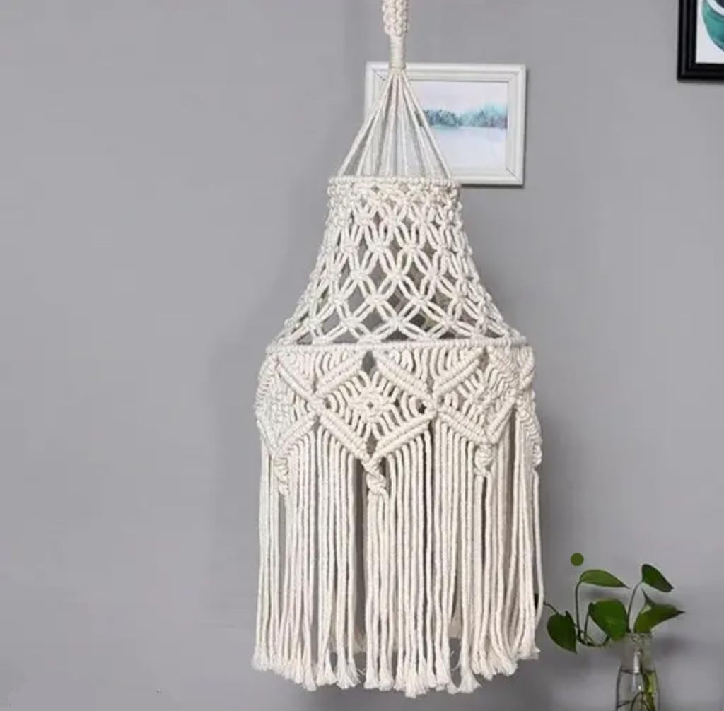 Handmade Macrame Lamp Shade, Bohemian Woven Cotton Pendant Light Cover, Cream White, Hanging Decorative Light Fixture with Fringe Design