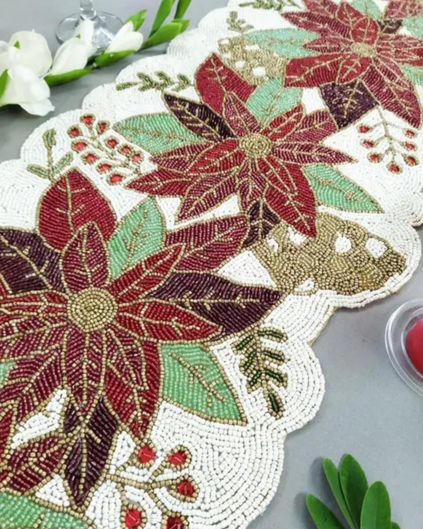 Beaded Table Runner, Poinsettia Design, Red Green Gold Brown, Scalloped Edge, Holiday Christmas Decor