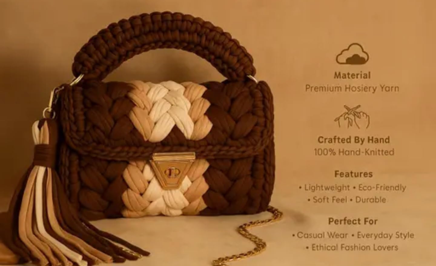 Handmade Crochet Crossbody Handbag, Brown and Beige Woven Pattern, Metal Clasp