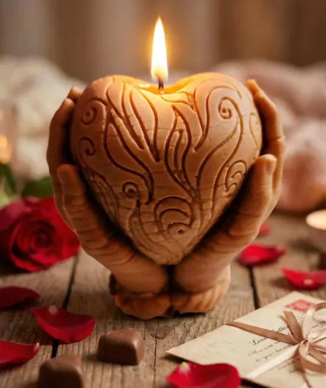 Heart Shaped Candle with Carved Floral Design, Hands Holder Base, Romantic Decor