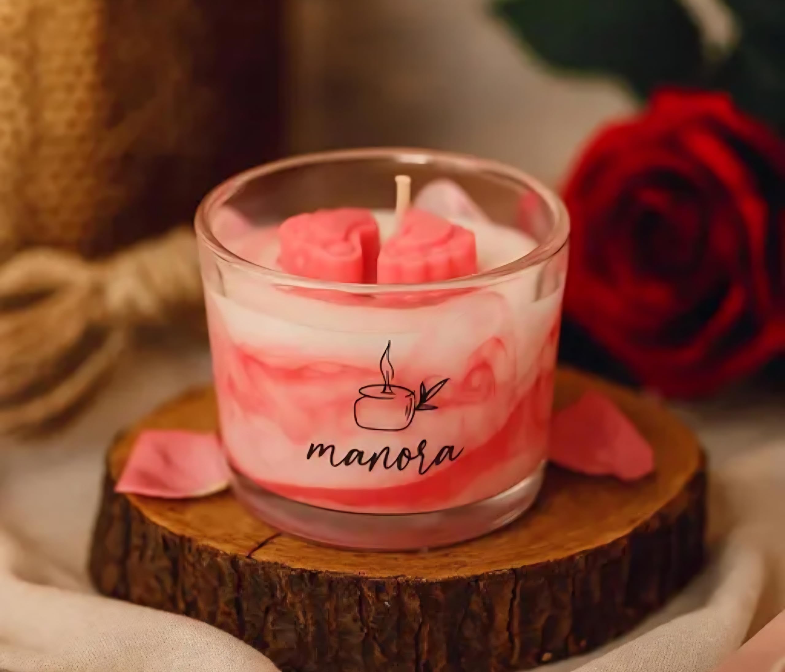 Baby feet Scented Jar Candle, Red and White Swirl, Glass Container, Floral Wax Topper
