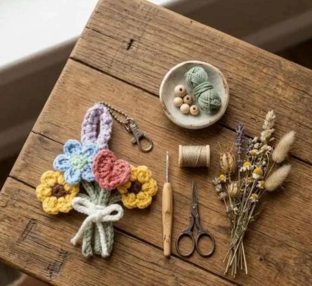 Crochet Flower Bouquet Keychain, Handmade Knit Floral Bag Charm, Multicolor with Sunflowers and Heart