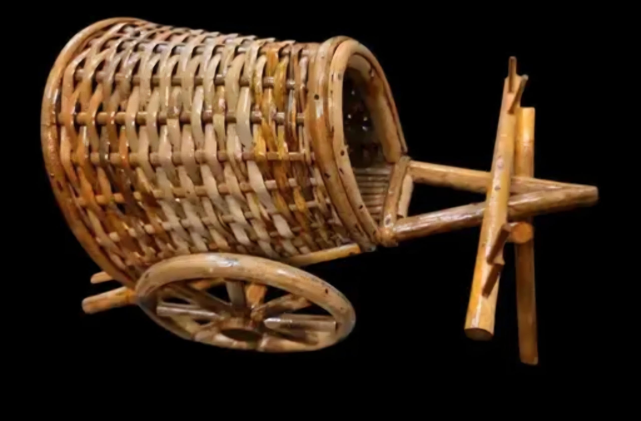 Handcrafted Bamboo Bullock Cart, Natural Woven Design, Decorative Miniature with Wheels