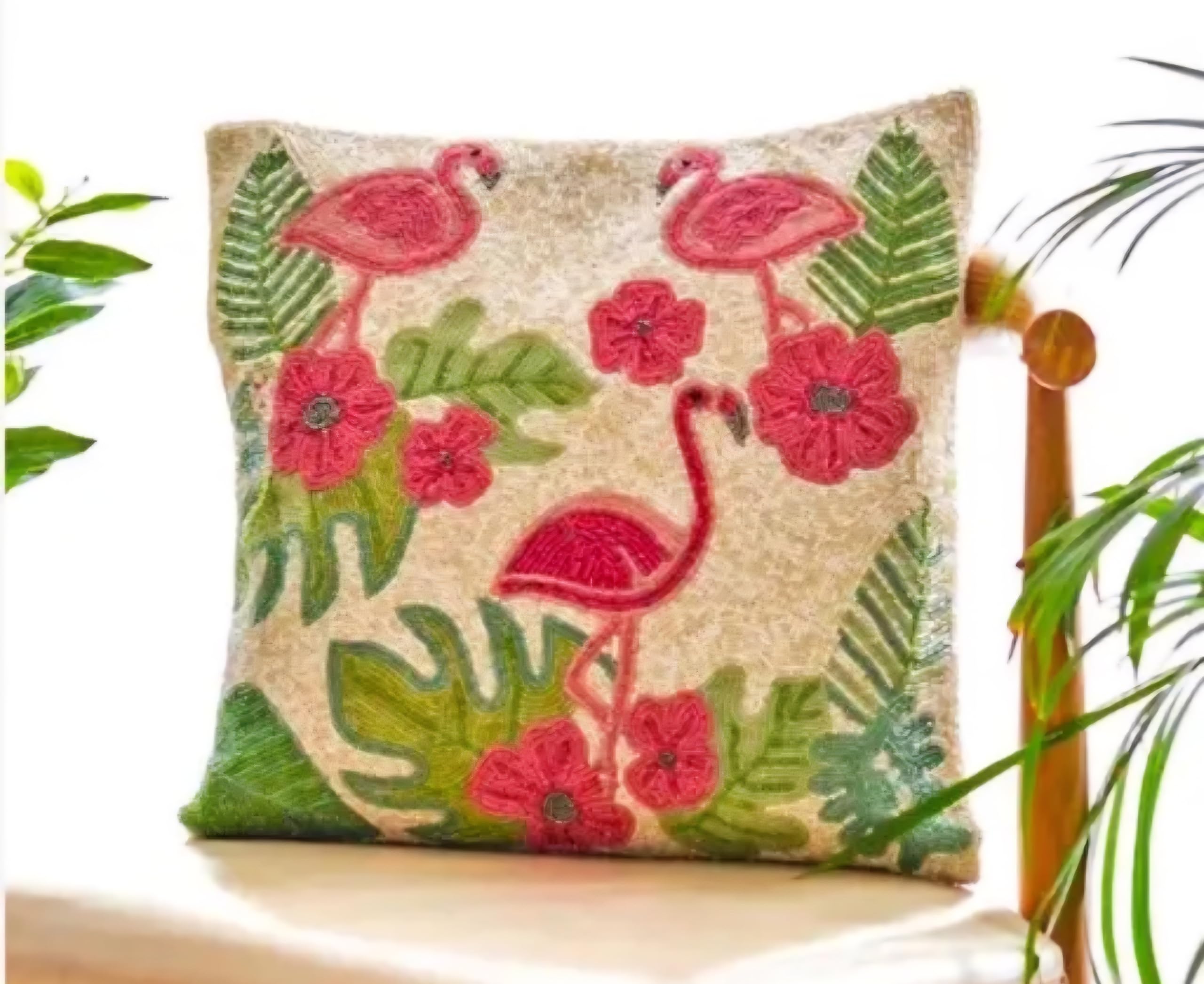 Handmade Flamingo Beaded Throw Pillow Cover, Tropical Floral Design, Pink and Green, Decorative Cushion Cover