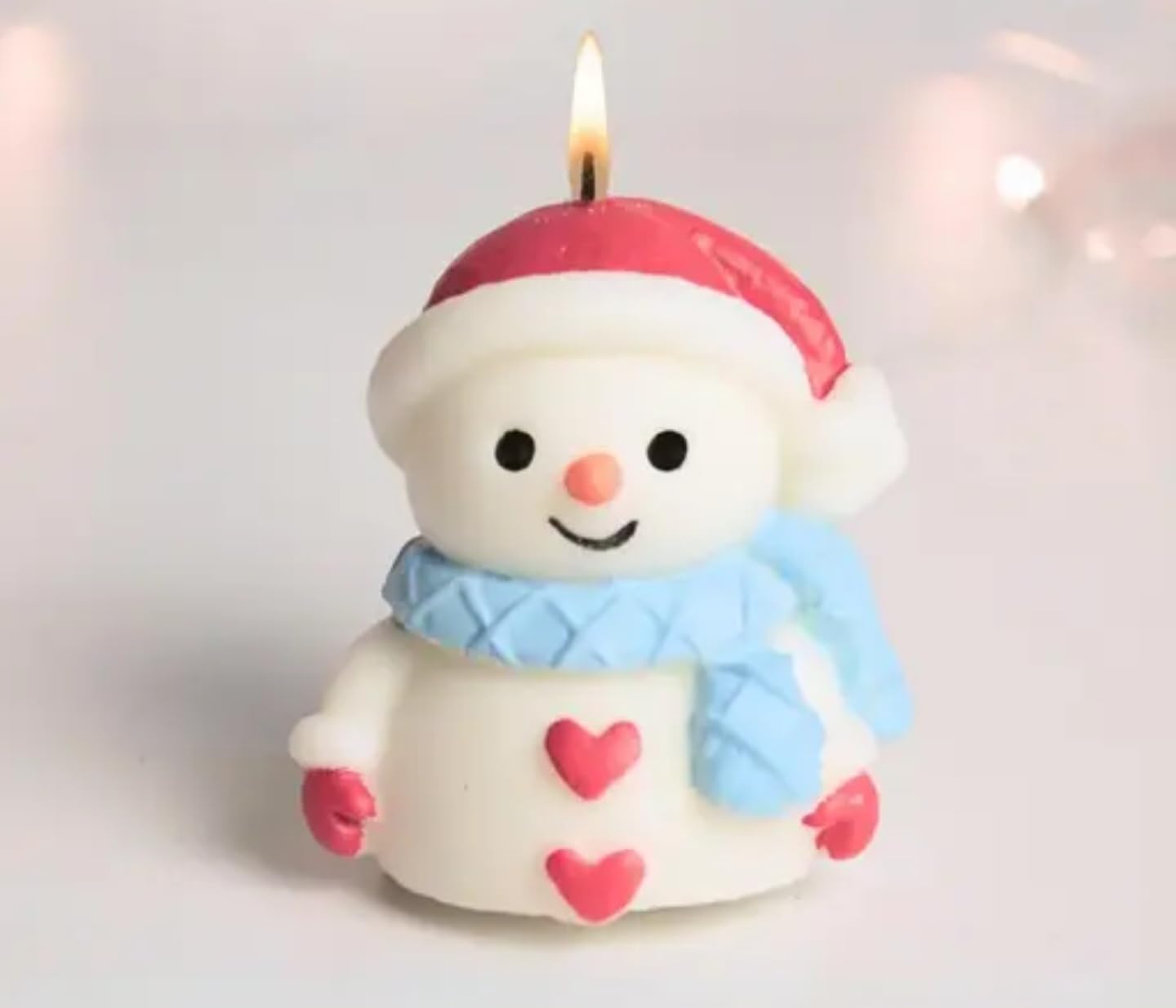 Decorative Snowman Candle with Santa Hat, Blue Scarf, Heart Design, White