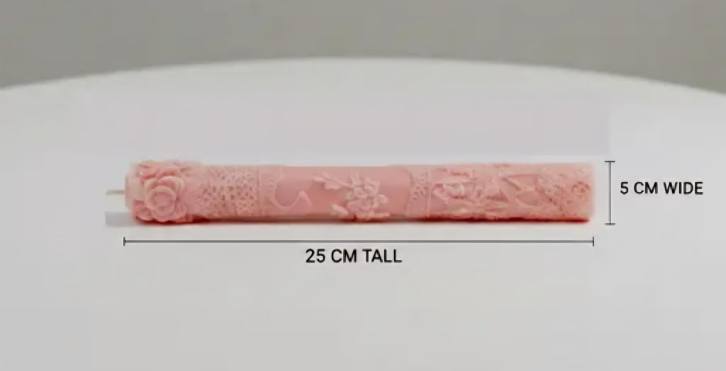 Decorative Taper Candles with Rose Design, Pink and Purple, Floral Embossed Pattern, Set of 2