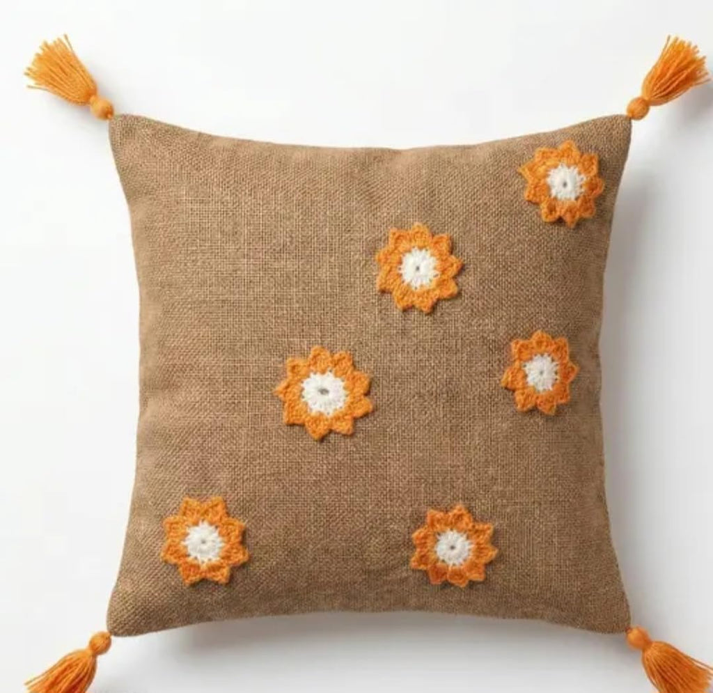 Decorative Throw Pillow Cover with Orange Crochet Flower Appliques, Beige Jute, Corner Tassels