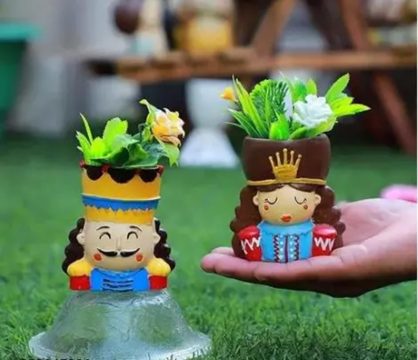 Decorative Royal Couple Planter Set, Handcrafted Ceramic Flower Pots, Blue Yellow Crown Design, Indoor Garden Decor, 2 Pack