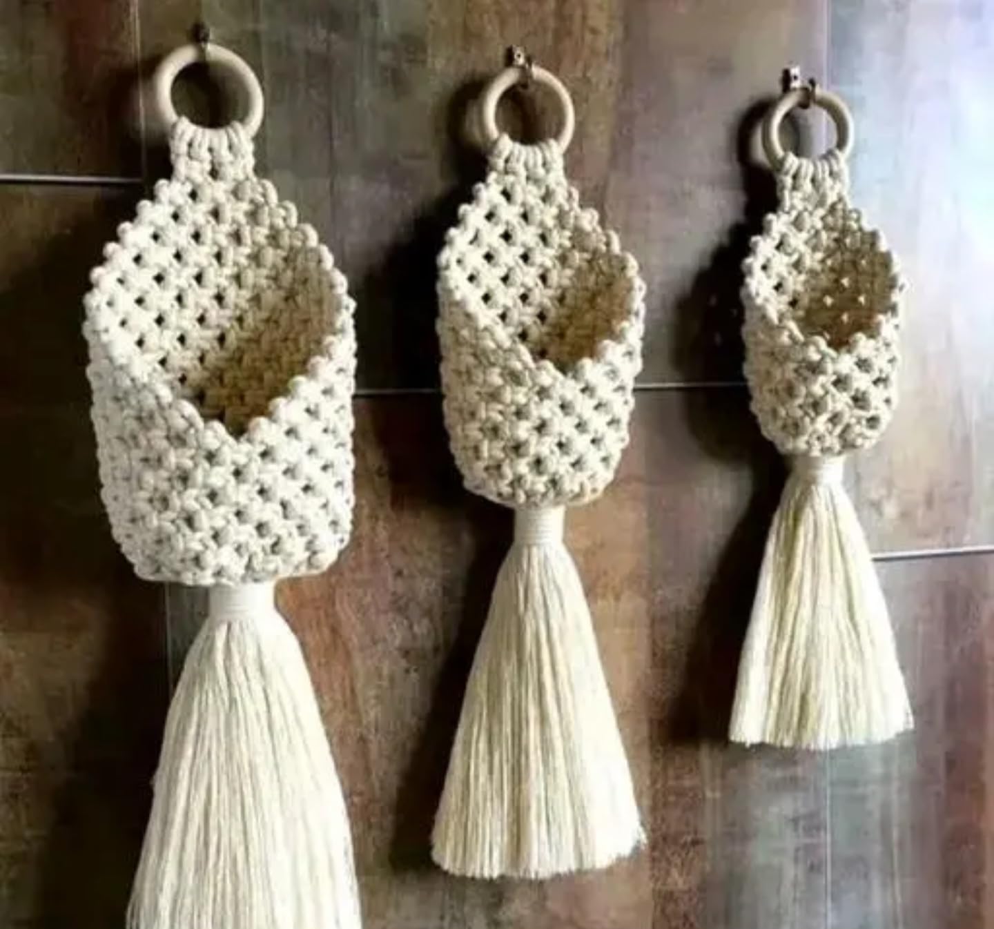Macrame Wall Hanging Storage Pockets with Tassels, Handwoven Cotton Rope Organiser, Set of 3, White