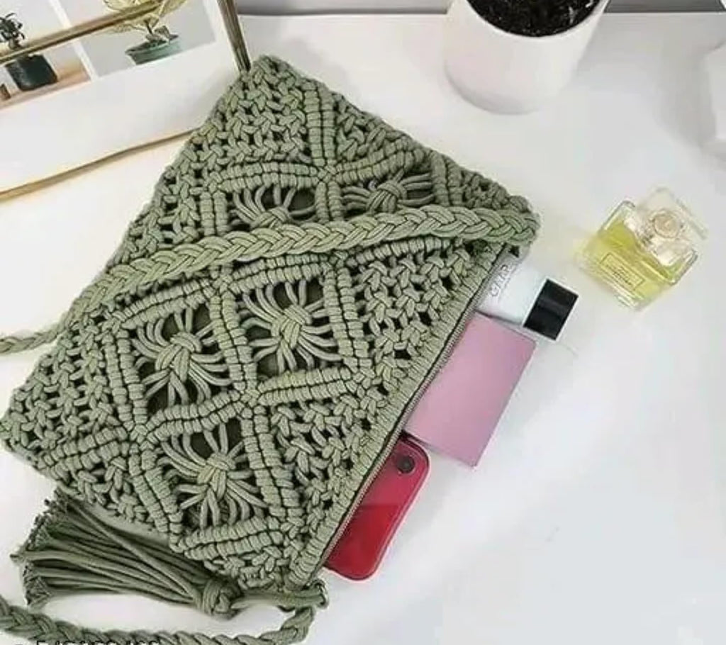 Handmade Macrame Crossbody Bag, Mint Green, Woven Pattern with Tassel, Small