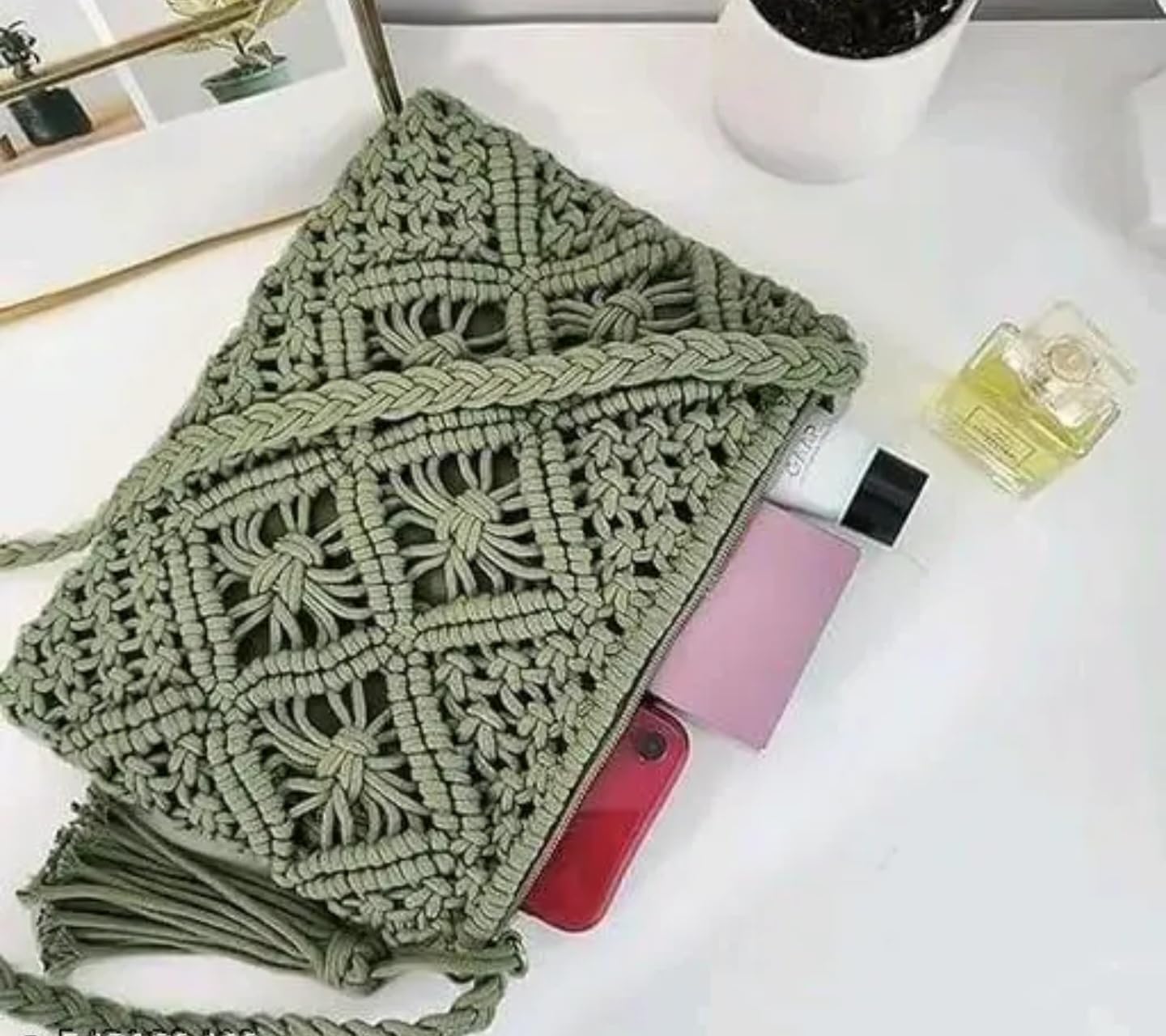 Handmade Macrame Crossbody Bag, Mint Green, Woven Pattern with Tassel, Small