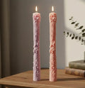 Decorative Taper Candles with Rose Design, Pink and Purple, Floral Embossed Pattern, Set of 2