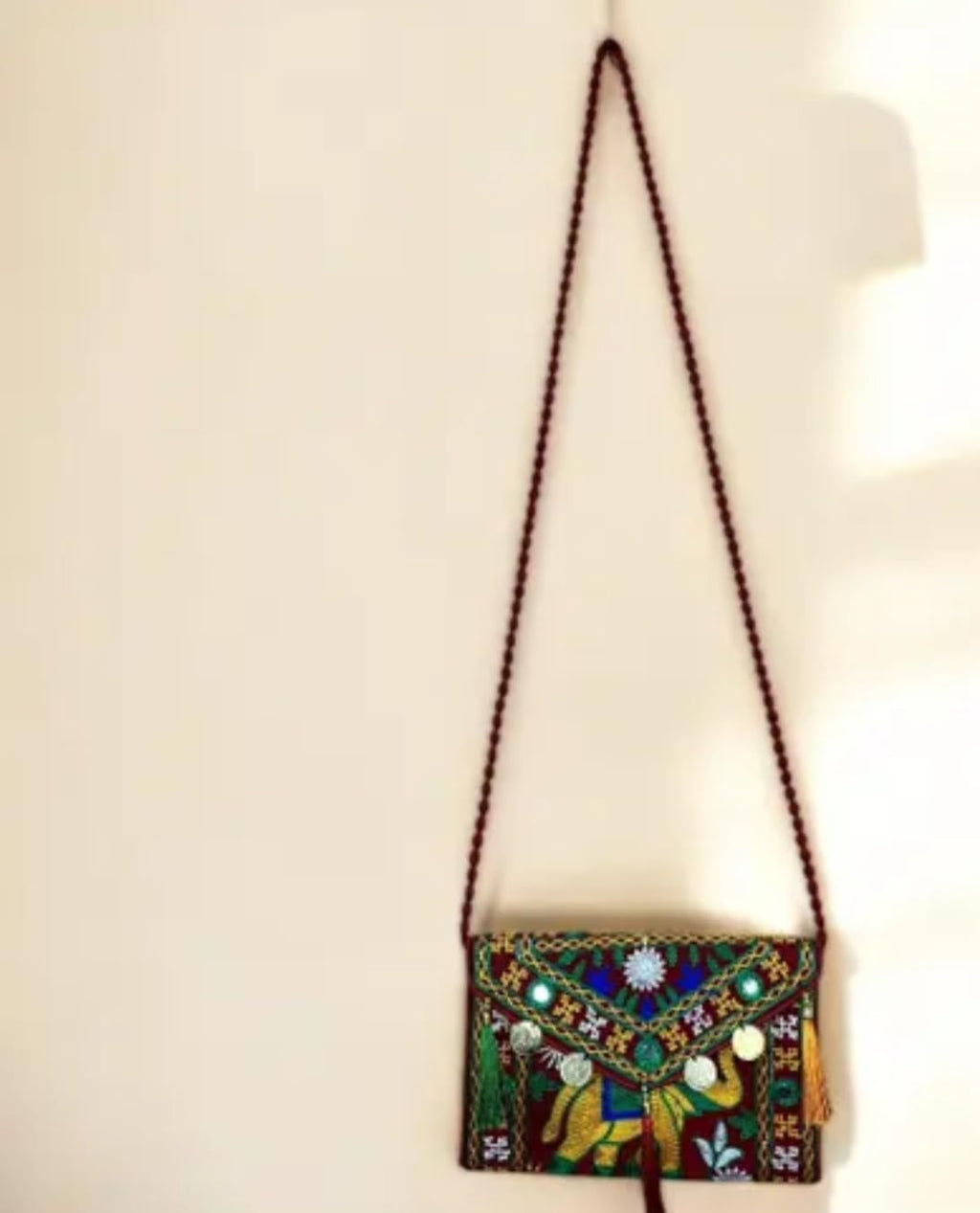 Traditional Embroidered Clutch Purse with Coin Tassels, Bohemian Pattern, Red and Multicolour, eco-friendly